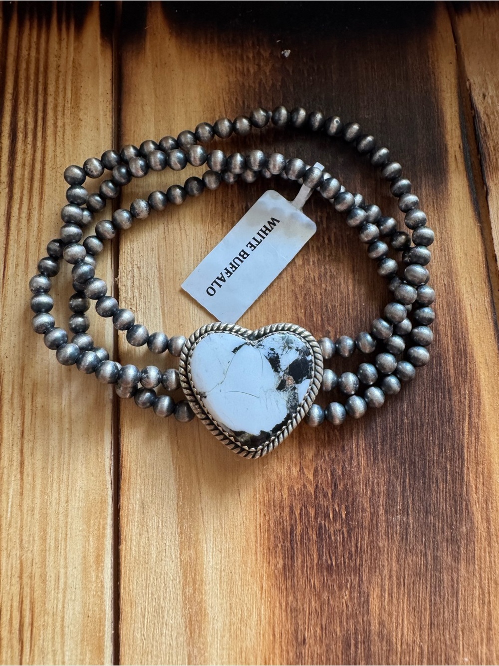 White Buffalo Heart Three Strand Bead Stretch Bracelet